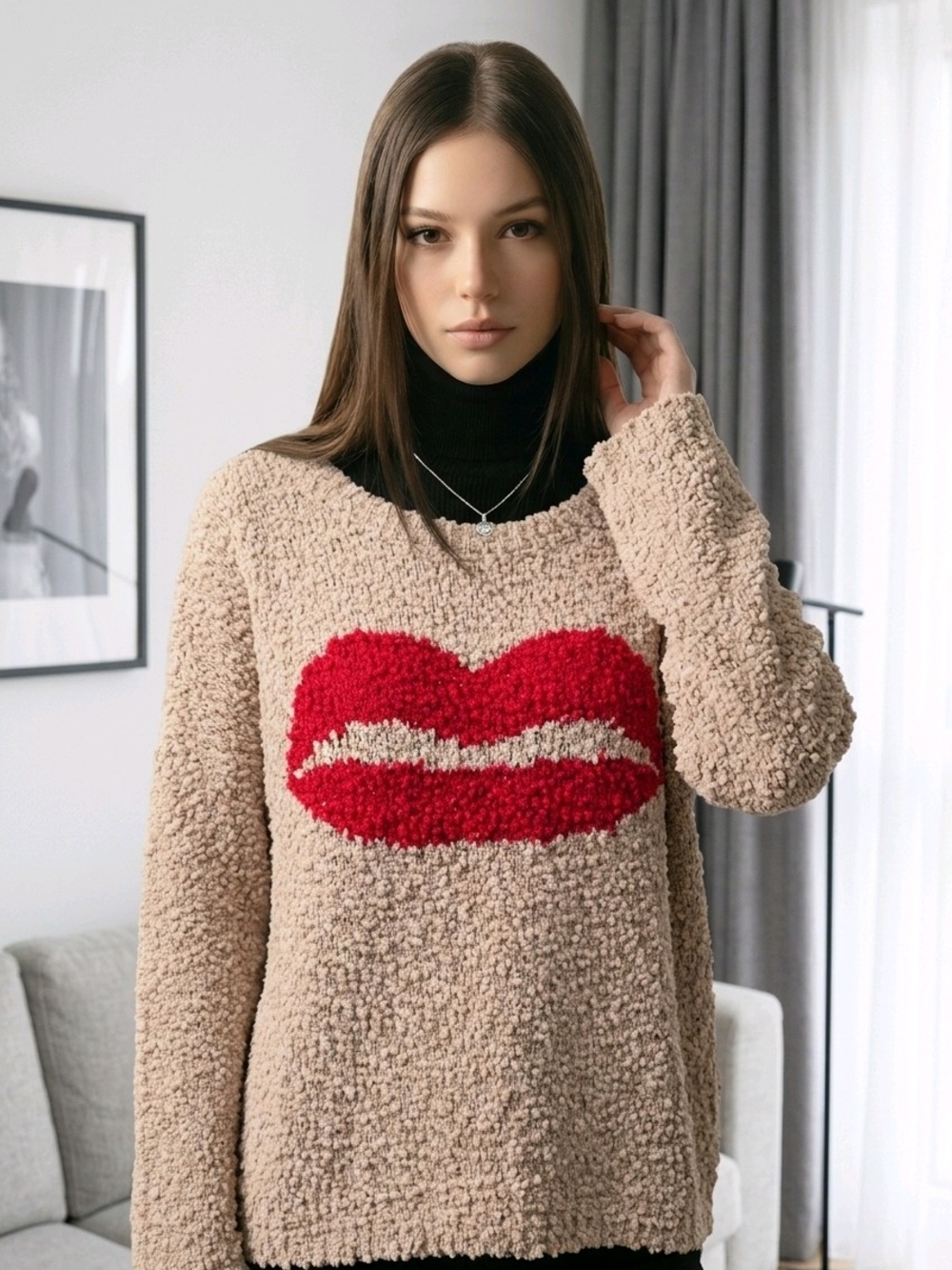 POL Cozy Beige Popcorn Knit Sweater with Red Lip Motif Sz Large